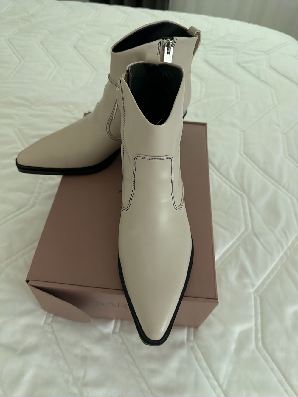 Franco Sarto Cream Pointed Ankle Booties with Low Stacked Heel